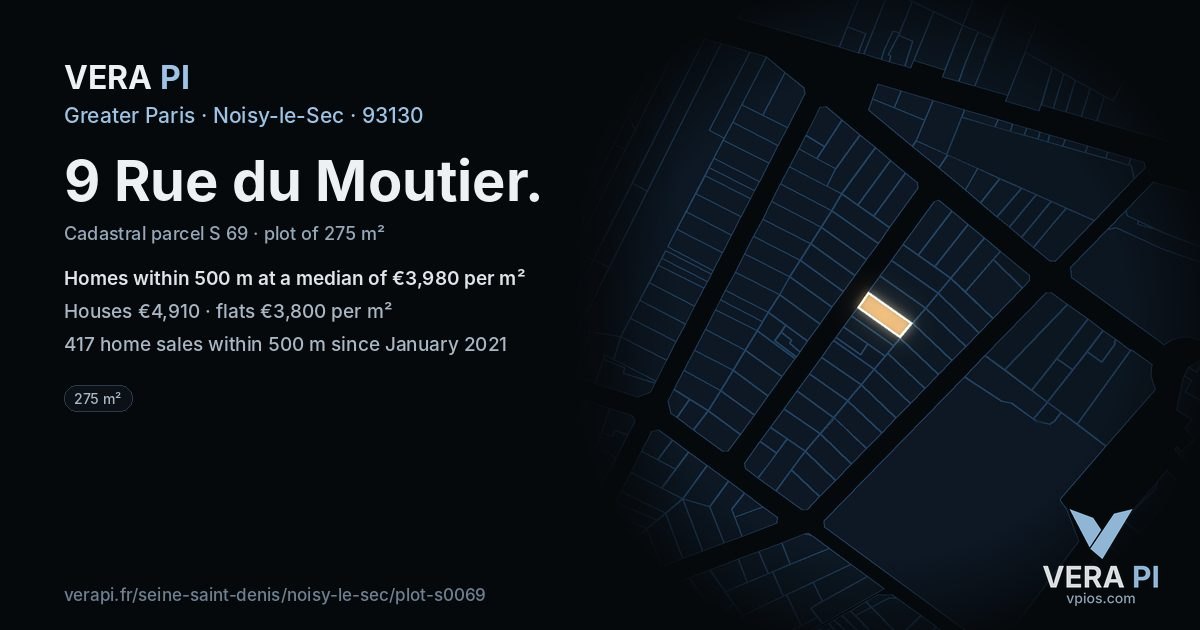 9 Rue du Moutier, Noisy-le-Sec at night – the plot lit, the parcels around coloured by the prices near them