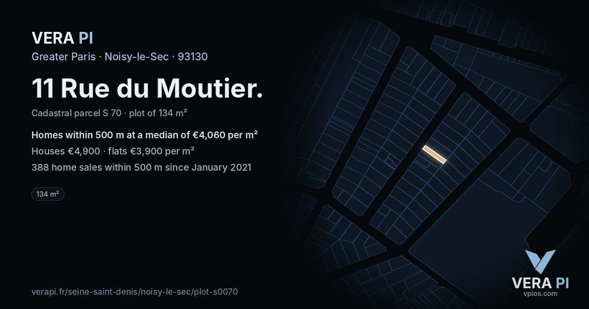 11 Rue du Moutier, Noisy-le-Sec at night – the plot lit, the parcels around coloured by the prices near them