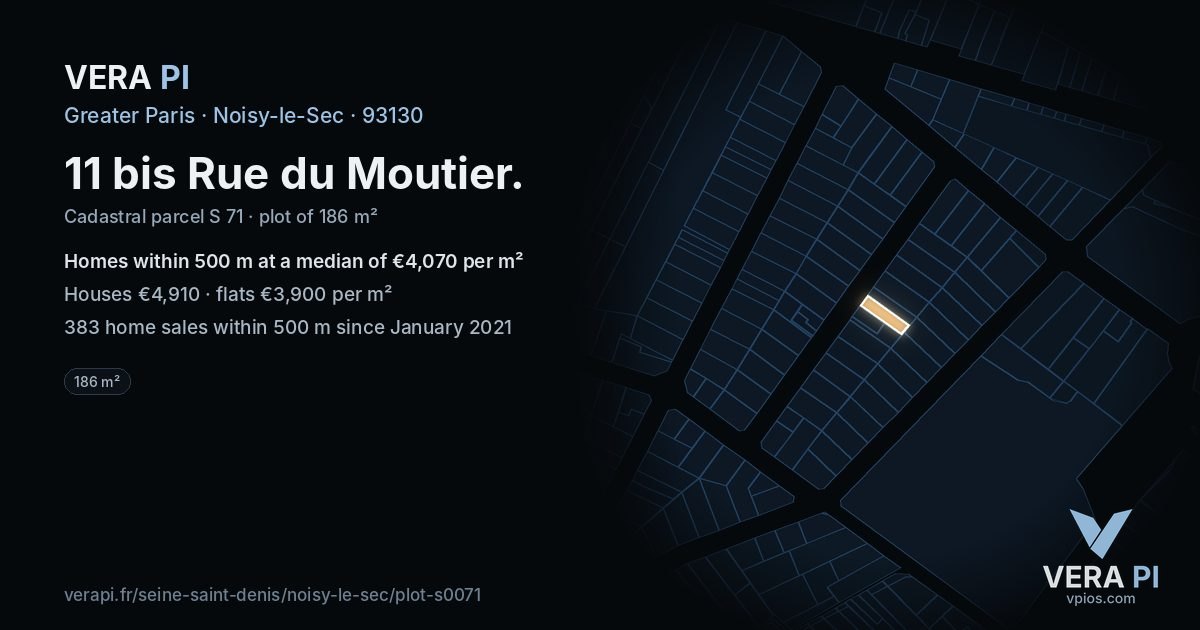 11 bis Rue du Moutier, Noisy-le-Sec at night – the plot lit, the parcels around coloured by the prices near them