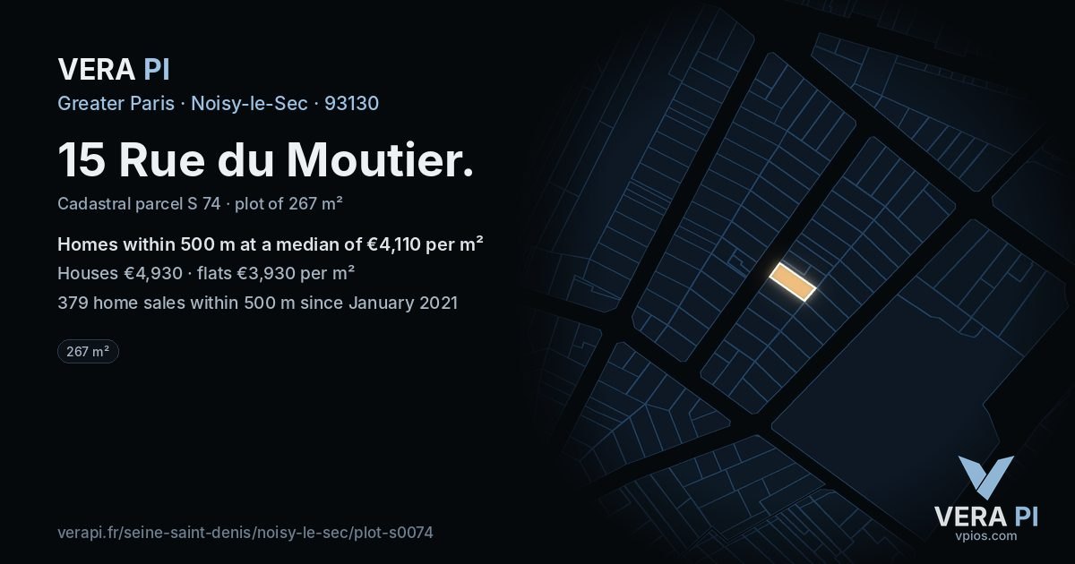 15 Rue du Moutier, Noisy-le-Sec at night – the plot lit, the parcels around coloured by the prices near them