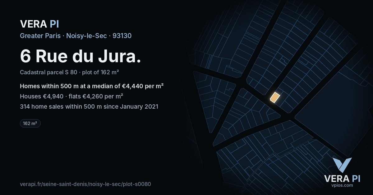 6 Rue du Jura, Noisy-le-Sec at night – the plot lit, the parcels around coloured by the prices near them