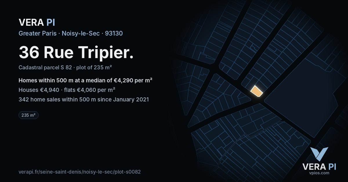 36 Rue Tripier, Noisy-le-Sec at night – the plot lit, the parcels around coloured by the prices near them