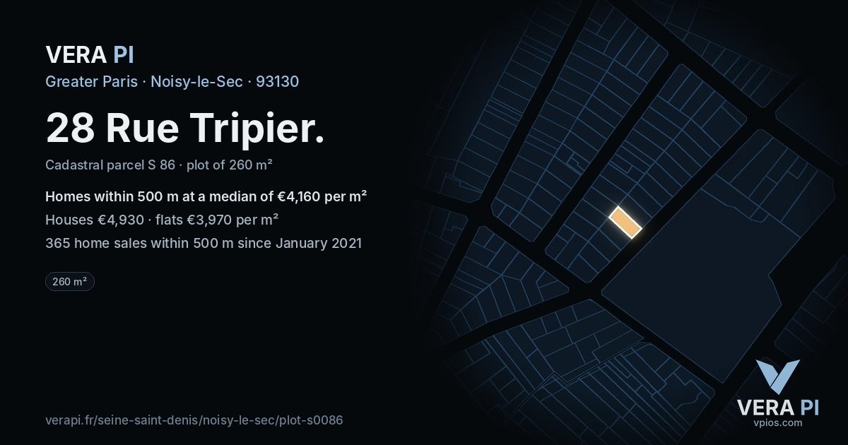 28 Rue Tripier, Noisy-le-Sec at night – the plot lit, the parcels around coloured by the prices near them
