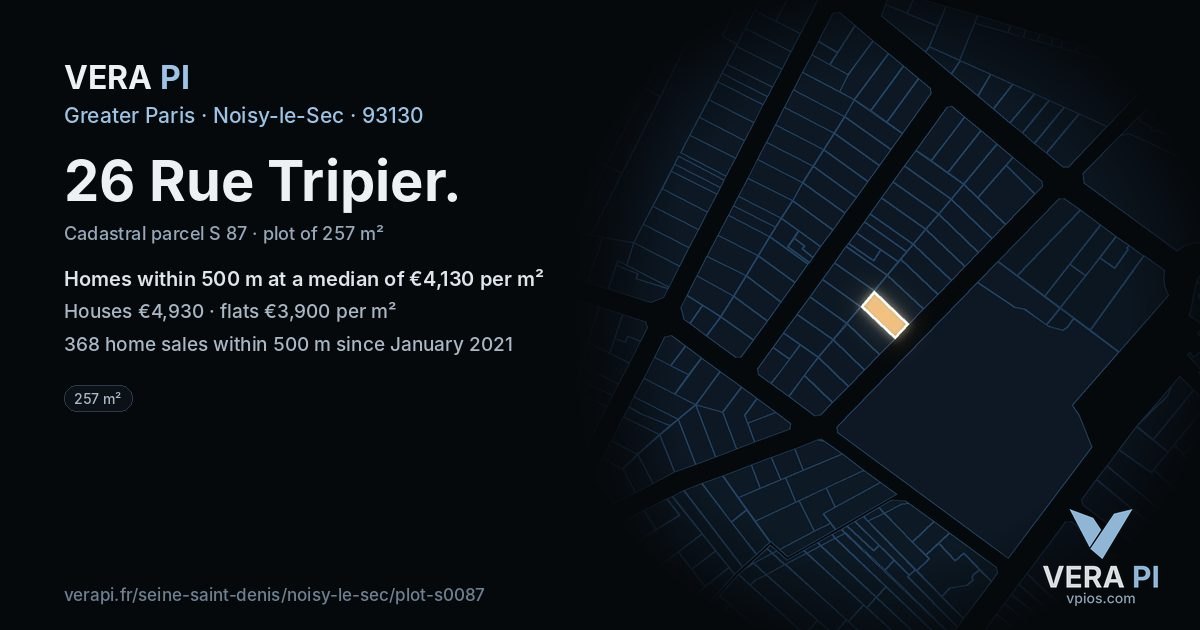 26 Rue Tripier, Noisy-le-Sec at night – the plot lit, the parcels around coloured by the prices near them