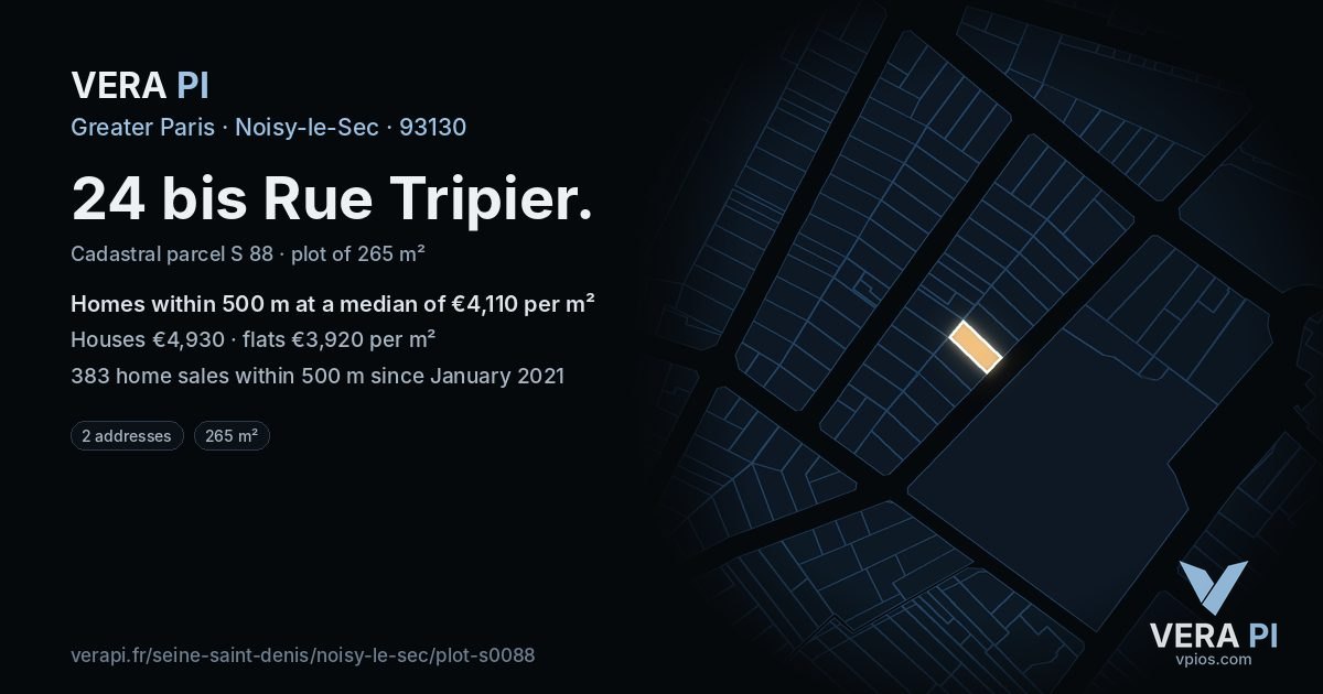 24 bis Rue Tripier, Noisy-le-Sec at night – the plot lit, the parcels around coloured by the prices near them