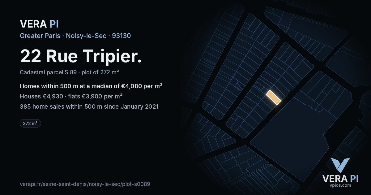 22 Rue Tripier, Noisy-le-Sec at night – the plot lit, the parcels around coloured by the prices near them