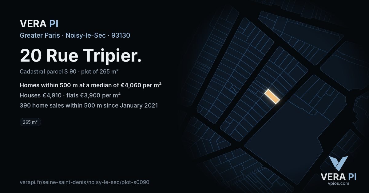 20 Rue Tripier, Noisy-le-Sec at night – the plot lit, the parcels around coloured by the prices near them