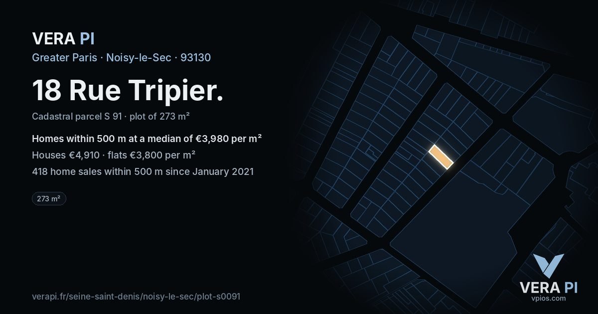 18 Rue Tripier, Noisy-le-Sec at night – the plot lit, the parcels around coloured by the prices near them