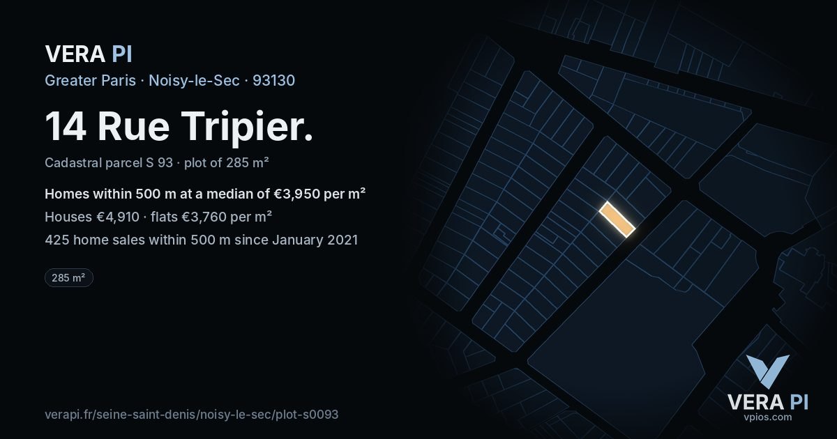 14 Rue Tripier, Noisy-le-Sec at night – the plot lit, the parcels around coloured by the prices near them