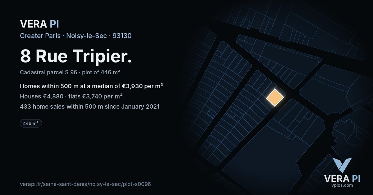 8 Rue Tripier, Noisy-le-Sec at night – the plot lit, the parcels around coloured by the prices near them