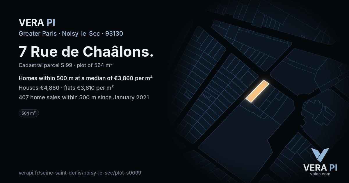 7 Rue de Chaâlons, Noisy-le-Sec at night – the plot lit, the parcels around coloured by the prices near them