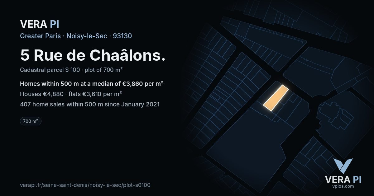 5 Rue de Chaâlons, Noisy-le-Sec at night – the plot lit, the parcels around coloured by the prices near them
