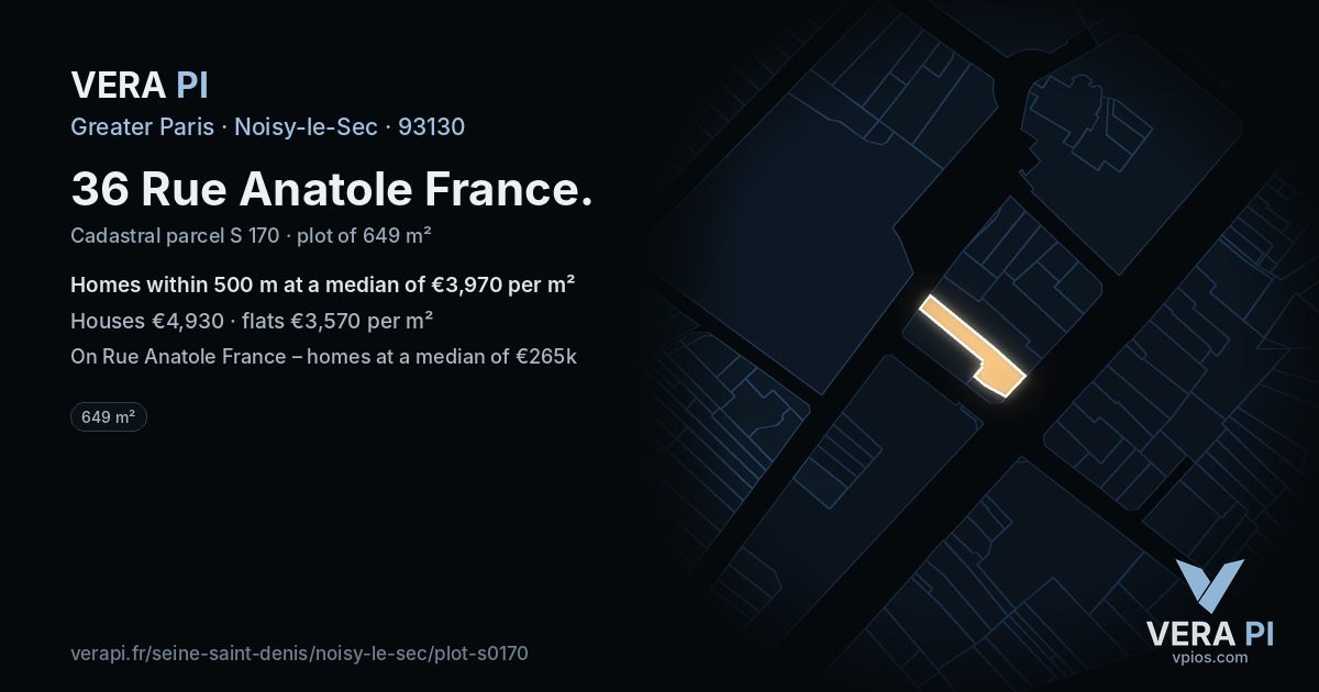36 Rue Anatole France, Noisy-le-Sec at night – the plot lit, the parcels around coloured by the prices near them