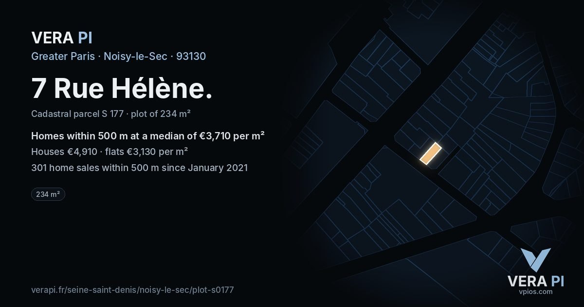 7 Rue Hélène, Noisy-le-Sec at night – the plot lit, the parcels around coloured by the prices near them
