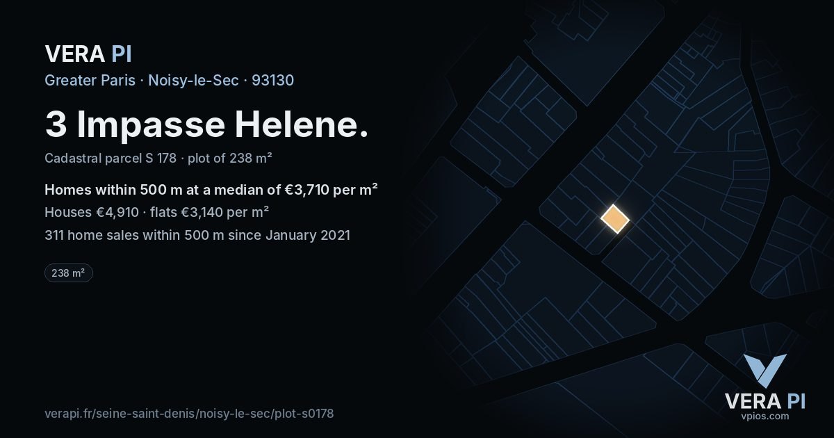 3 Impasse Helene, Noisy-le-Sec at night – the plot lit, the parcels around coloured by the prices near them