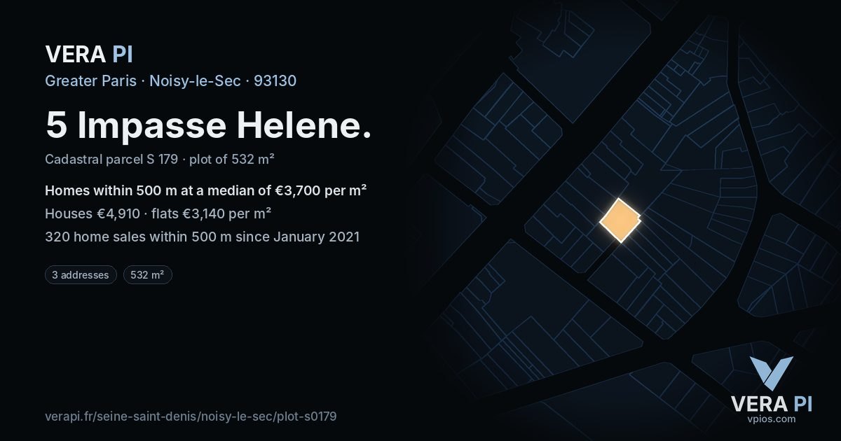 5 Impasse Helene, Noisy-le-Sec at night – the plot lit, the parcels around coloured by the prices near them
