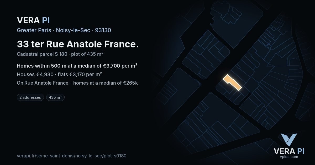 33 ter Rue Anatole France, Noisy-le-Sec at night – the plot lit, the parcels around coloured by the prices near them