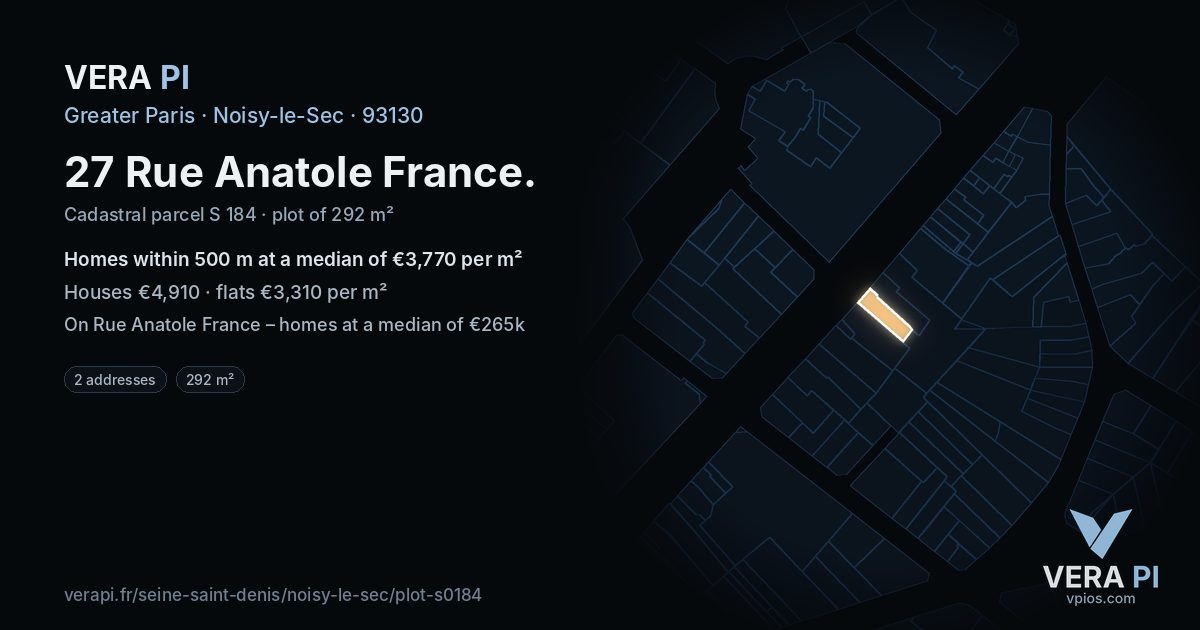 27 Rue Anatole France, Noisy-le-Sec at night – the plot lit, the parcels around coloured by the prices near them