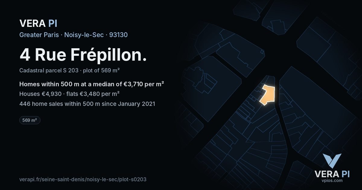 4 Rue Frépillon, Noisy-le-Sec at night – the plot lit, the parcels around coloured by the prices near them