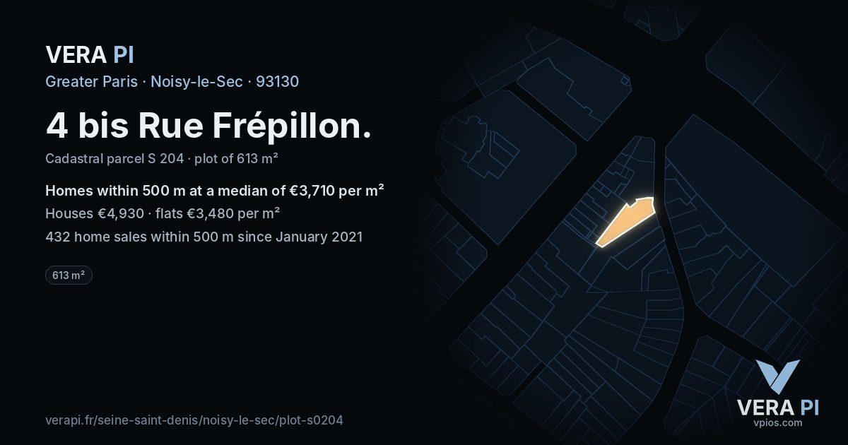 4 bis Rue Frépillon, Noisy-le-Sec at night – the plot lit, the parcels around coloured by the prices near them
