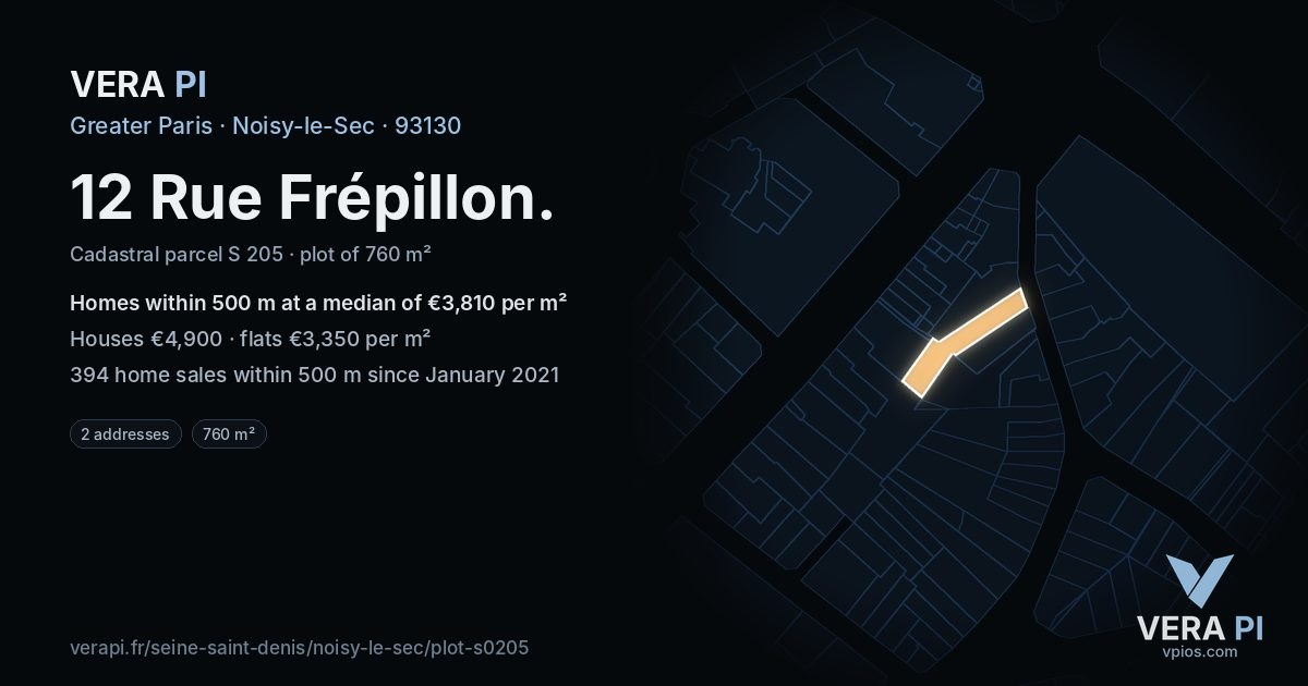 12 Rue Frépillon, Noisy-le-Sec at night – the plot lit, the parcels around coloured by the prices near them