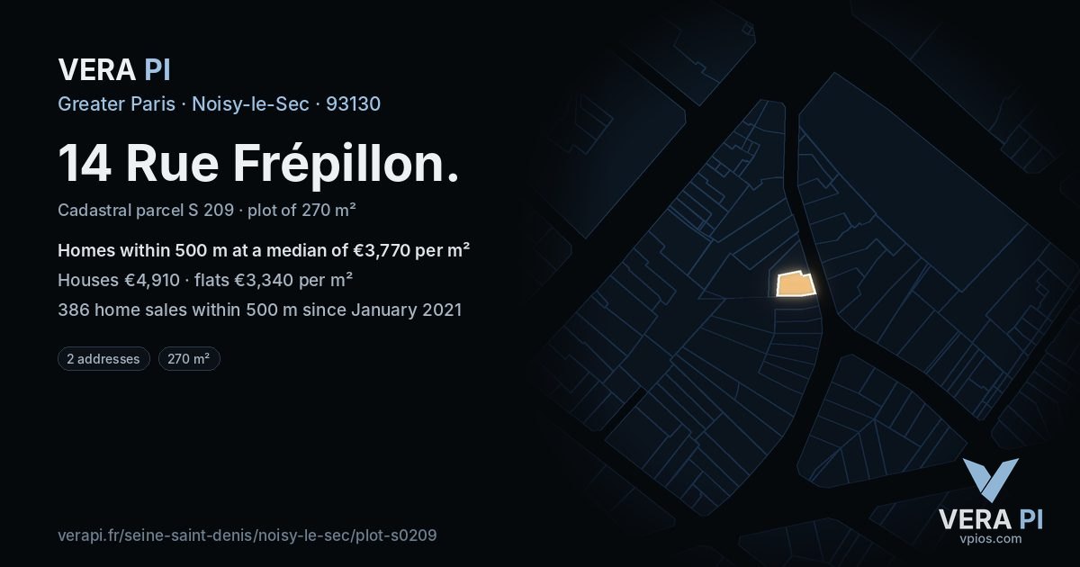 14 Rue Frépillon, Noisy-le-Sec at night – the plot lit, the parcels around coloured by the prices near them