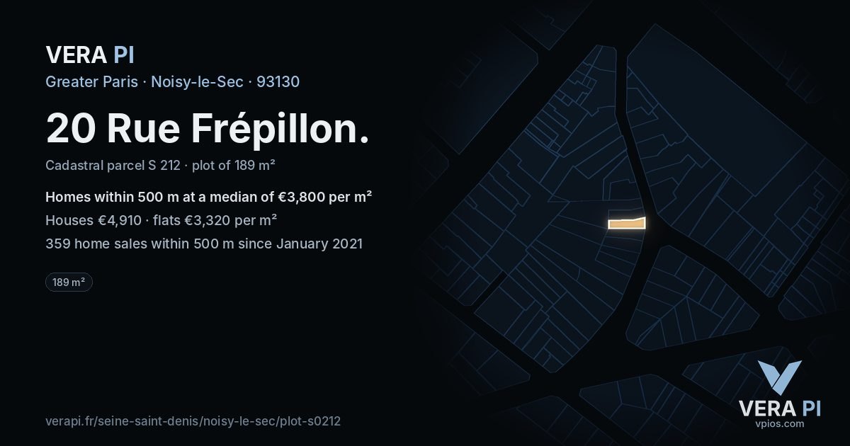 20 Rue Frépillon, Noisy-le-Sec at night – the plot lit, the parcels around coloured by the prices near them