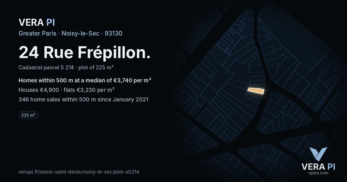 24 Rue Frépillon, Noisy-le-Sec at night – the plot lit, the parcels around coloured by the prices near them