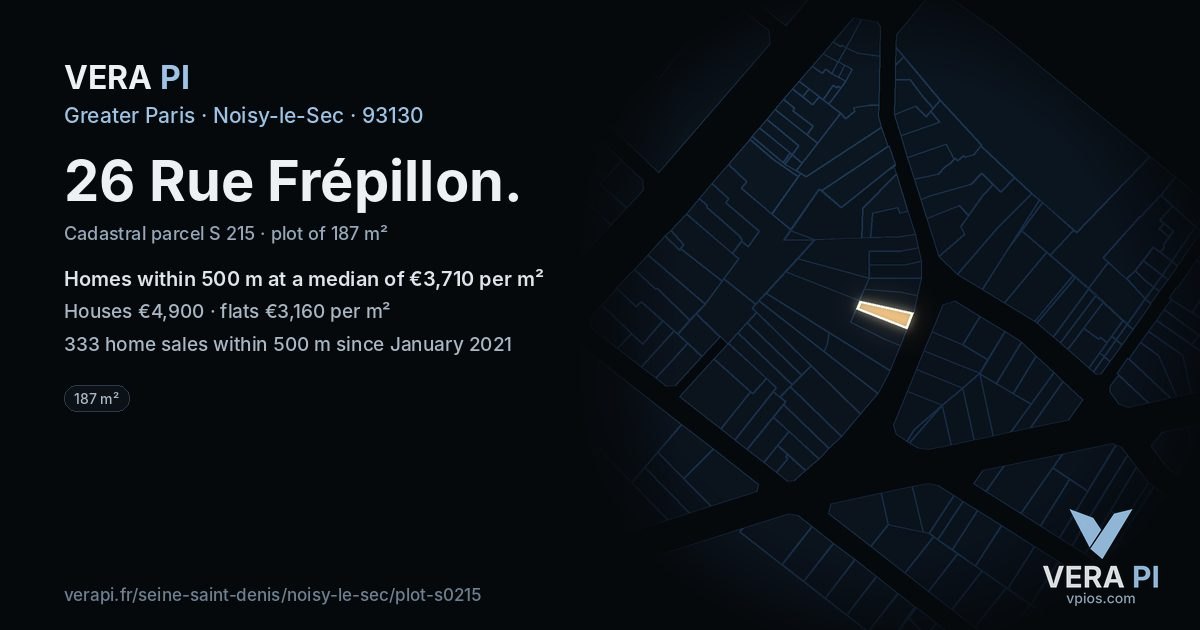 26 Rue Frépillon, Noisy-le-Sec at night – the plot lit, the parcels around coloured by the prices near them