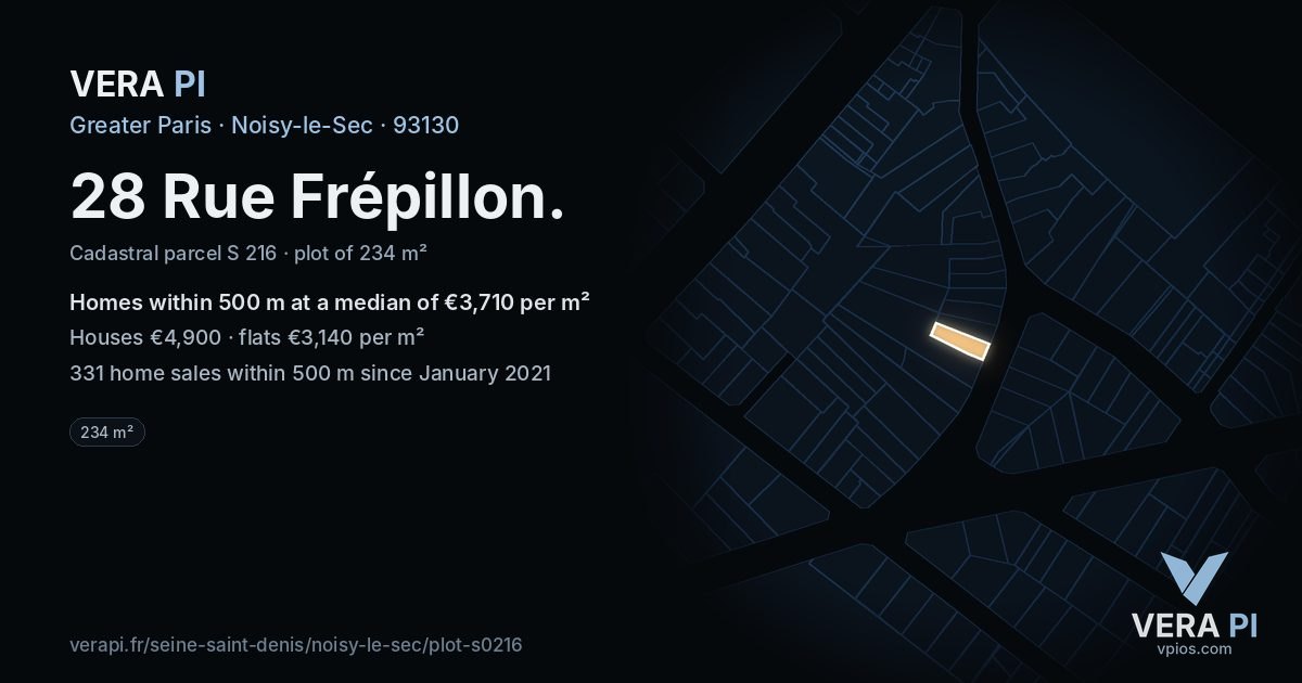 28 Rue Frépillon, Noisy-le-Sec at night – the plot lit, the parcels around coloured by the prices near them