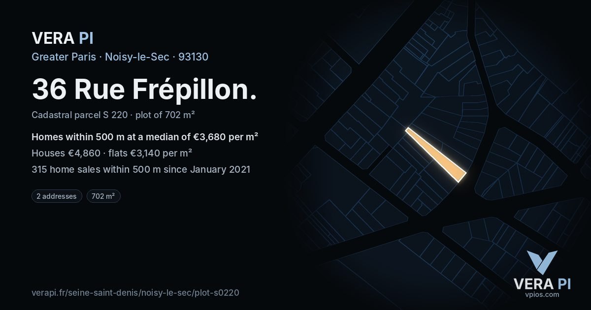 36 Rue Frépillon, Noisy-le-Sec at night – the plot lit, the parcels around coloured by the prices near them