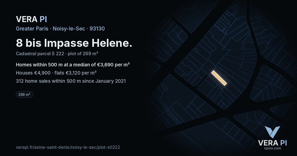 8 bis Impasse Helene, Noisy-le-Sec at night – the plot lit, the parcels around coloured by the prices near them