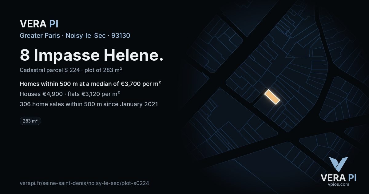 8 Impasse Helene, Noisy-le-Sec at night – the plot lit, the parcels around coloured by the prices near them