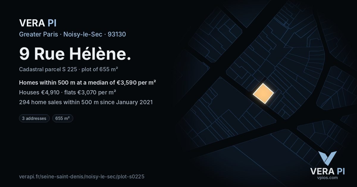 9 Rue Hélène, Noisy-le-Sec at night – the plot lit, the parcels around coloured by the prices near them