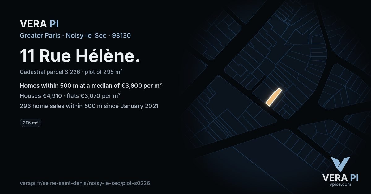 11 Rue Hélène, Noisy-le-Sec at night – the plot lit, the parcels around coloured by the prices near them