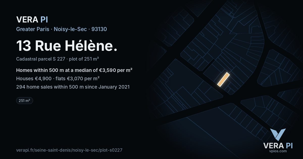 13 Rue Hélène, Noisy-le-Sec at night – the plot lit, the parcels around coloured by the prices near them