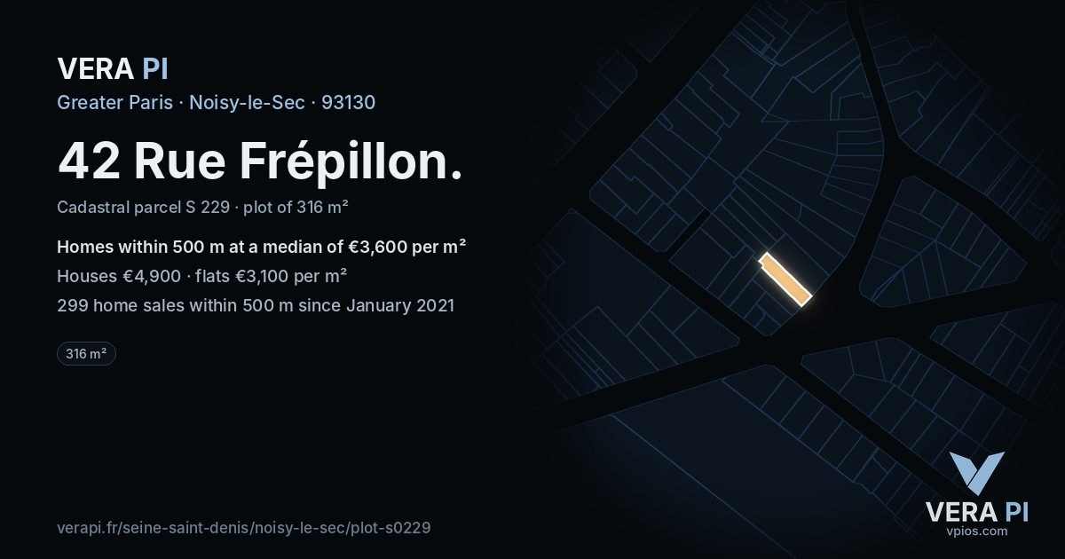42 Rue Frépillon, Noisy-le-Sec at night – the plot lit, the parcels around coloured by the prices near them