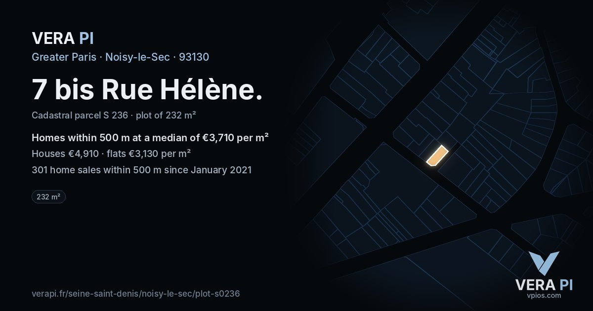 7 bis Rue Hélène, Noisy-le-Sec at night – the plot lit, the parcels around coloured by the prices near them