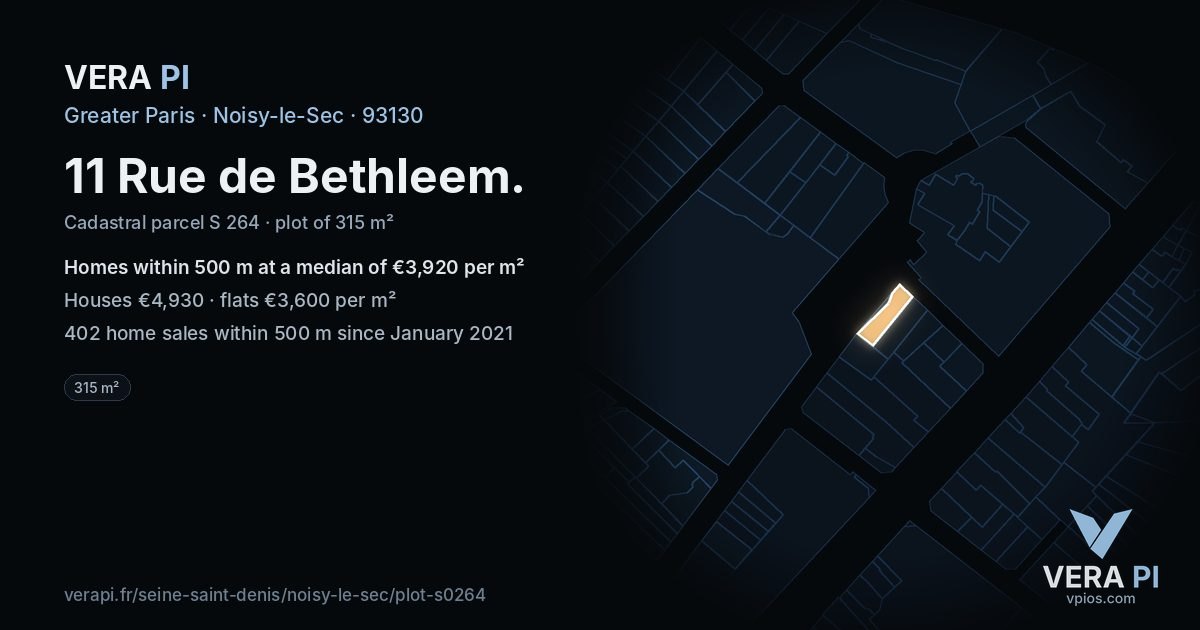 11 Rue de Bethleem, Noisy-le-Sec at night – the plot lit, the parcels around coloured by the prices near them