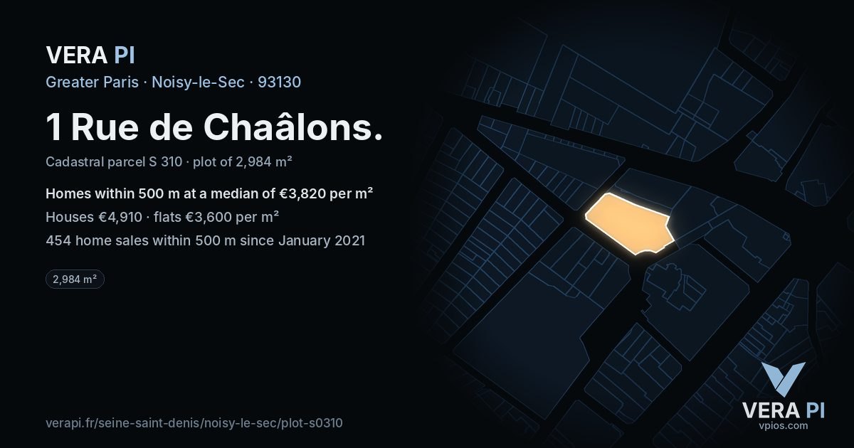 1 Rue de Chaâlons, Noisy-le-Sec at night – the plot lit, the parcels around coloured by the prices near them