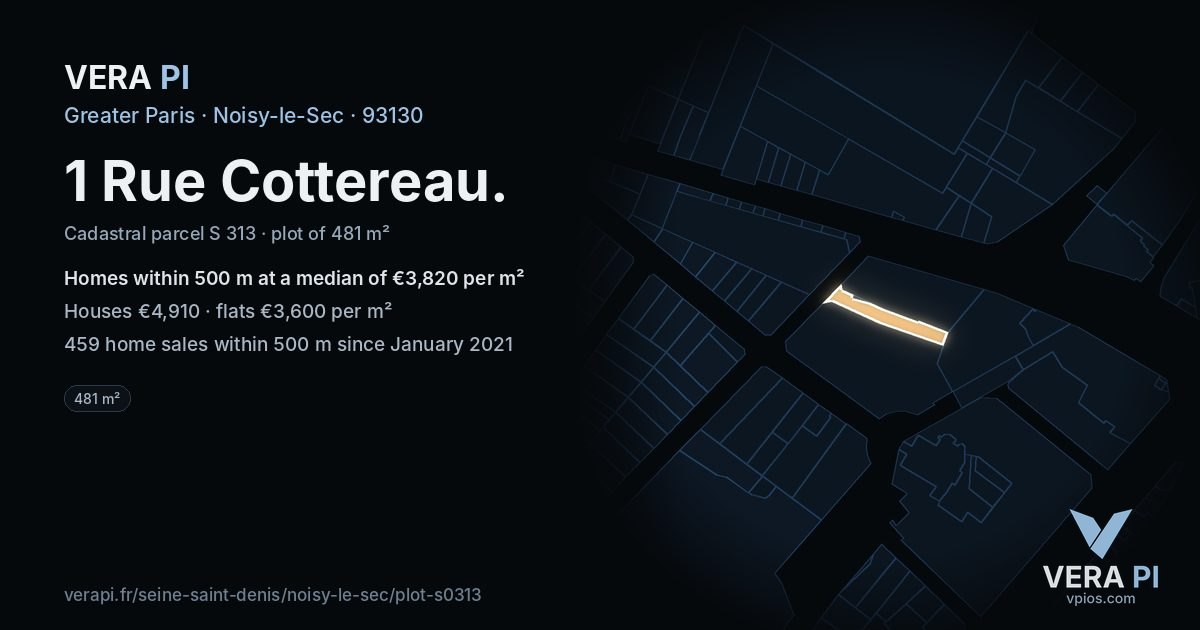 1 Rue Cottereau, Noisy-le-Sec at night – the plot lit, the parcels around coloured by the prices near them