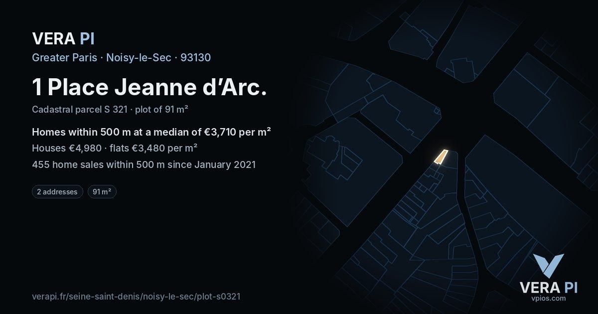1 Place Jeanne d’Arc, Noisy-le-Sec at night – the plot lit, the parcels around coloured by the prices near them