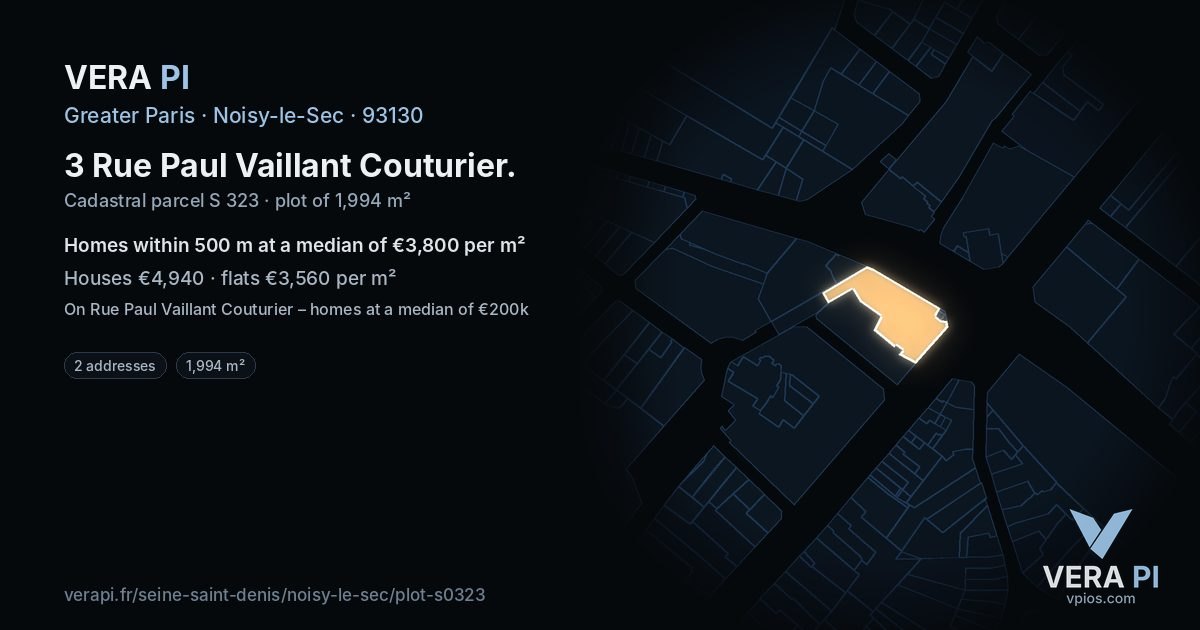 3 Rue Paul Vaillant Couturier, Noisy-le-Sec at night – the plot lit, the parcels around coloured by the prices near them