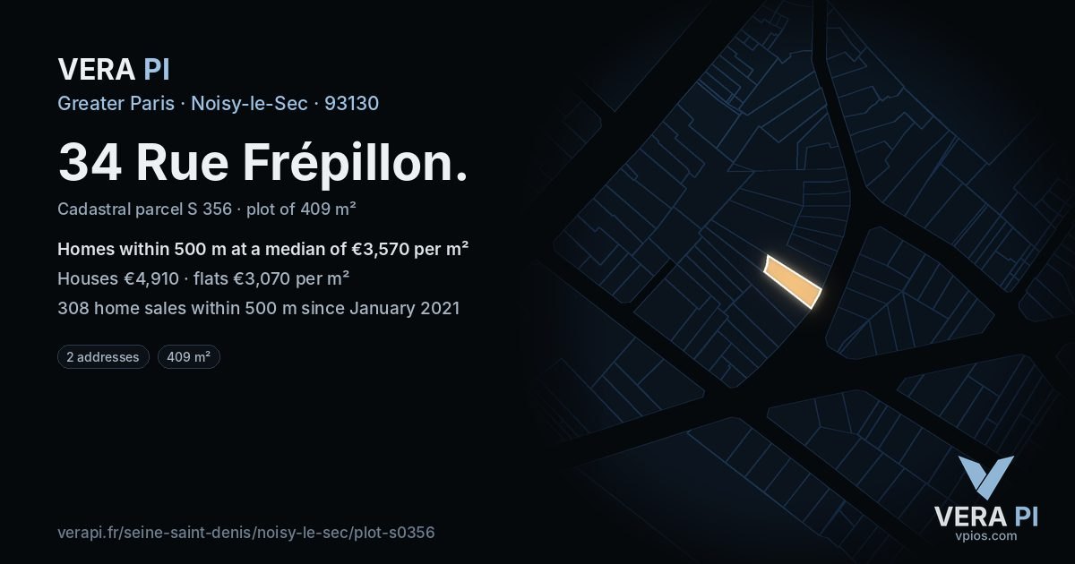 34 Rue Frépillon, Noisy-le-Sec at night – the plot lit, the parcels around coloured by the prices near them