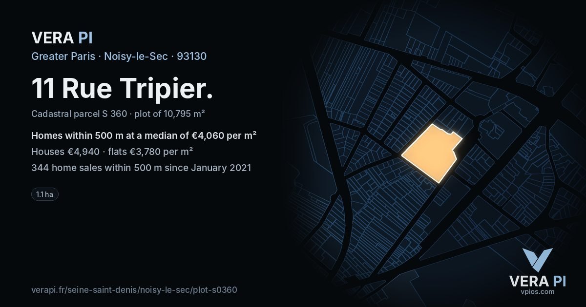 11 Rue Tripier, Noisy-le-Sec at night – the plot lit, the parcels around coloured by the prices near them