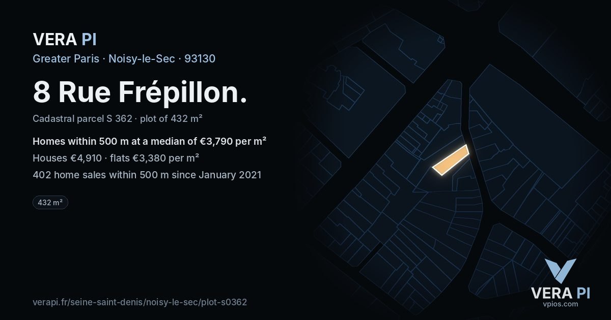 8 Rue Frépillon, Noisy-le-Sec at night – the plot lit, the parcels around coloured by the prices near them