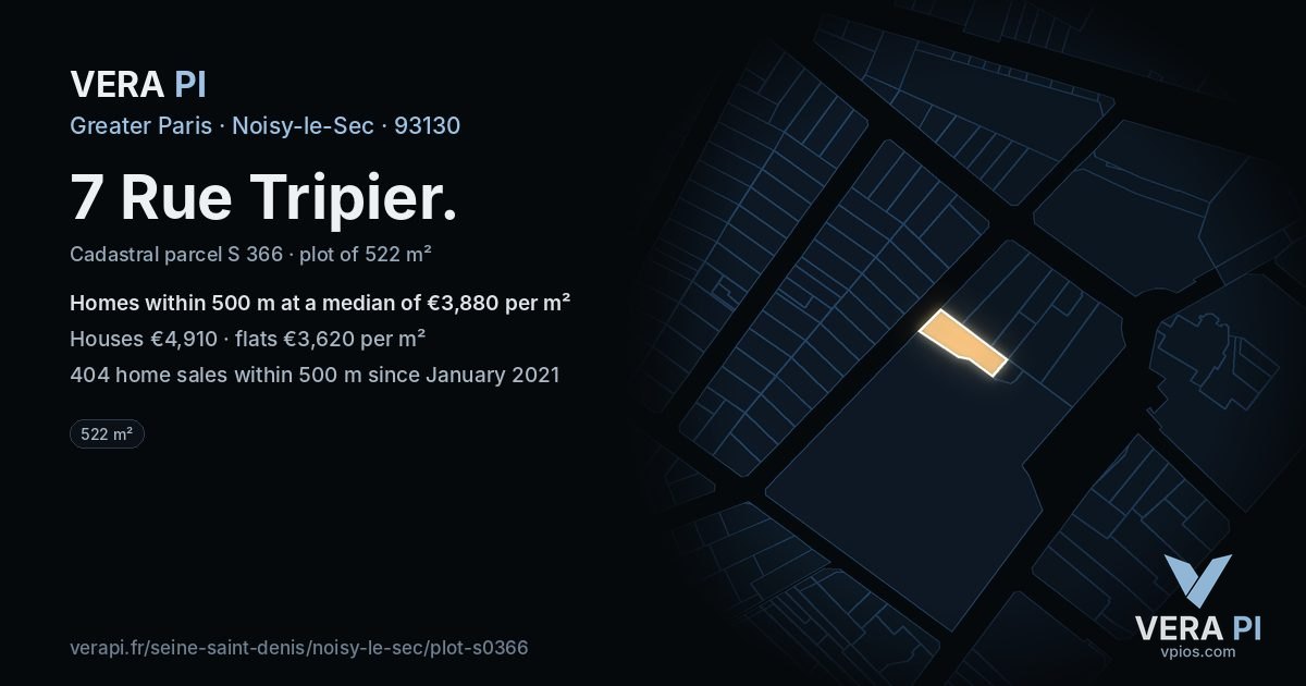 7 Rue Tripier, Noisy-le-Sec at night – the plot lit, the parcels around coloured by the prices near them