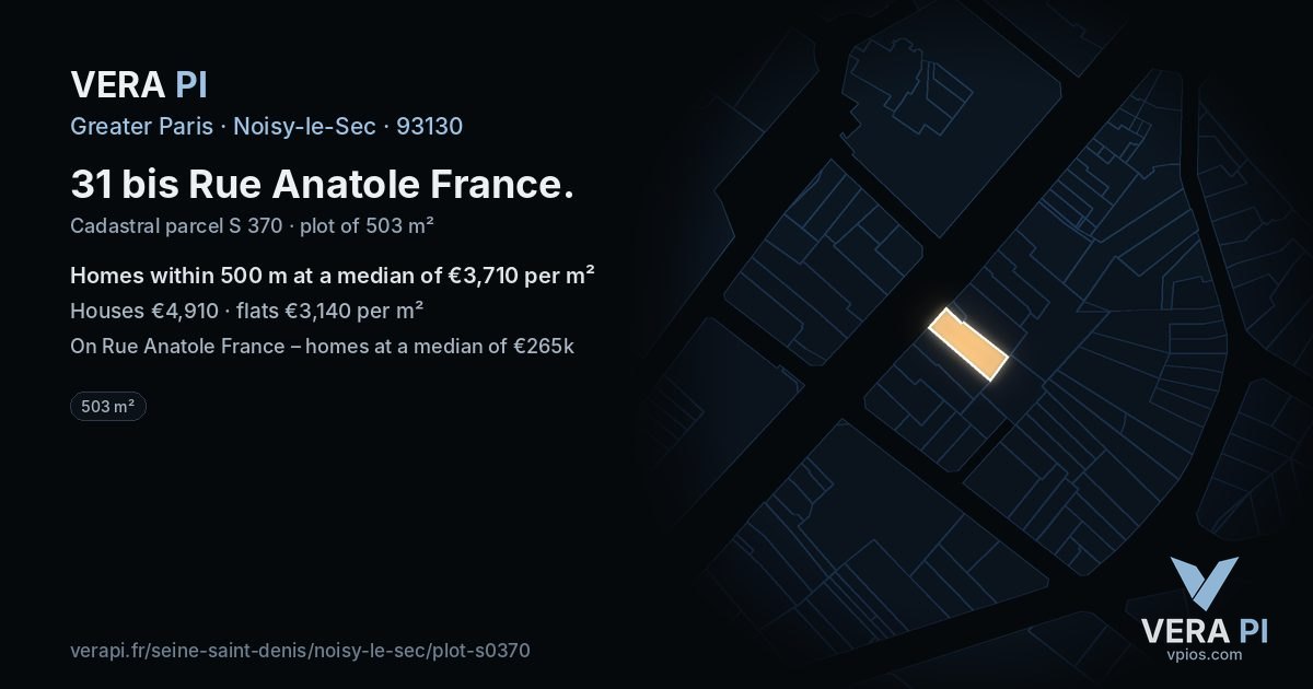 31 bis Rue Anatole France, Noisy-le-Sec at night – the plot lit, the parcels around coloured by the prices near them