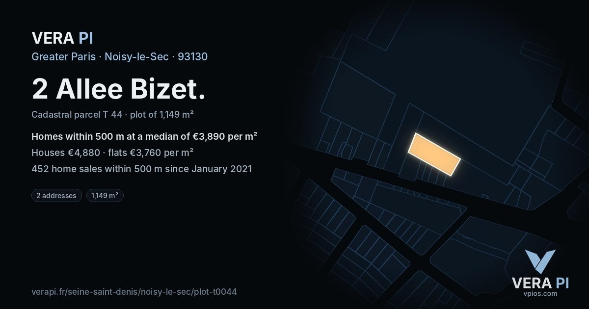 2 Allee Bizet, Noisy-le-Sec at night – the plot lit, the parcels around coloured by the prices near them
