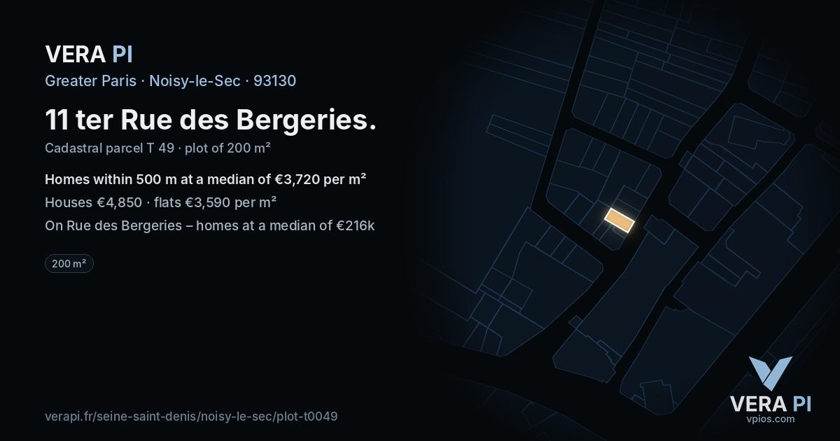 11 ter Rue des Bergeries, Noisy-le-Sec at night – the plot lit, the parcels around coloured by the prices near them